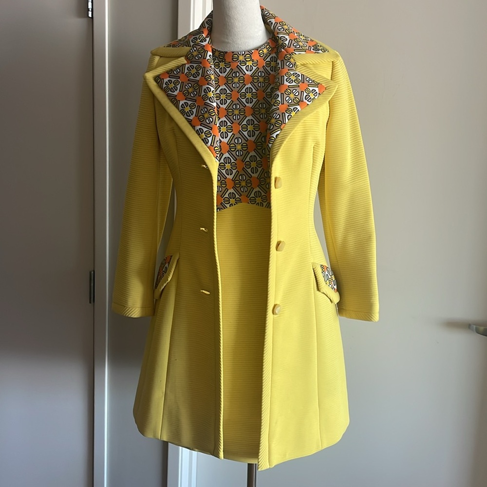 Vintage Lilli Ann 2pc Yellow Orange Floral Knit Dress & Coat Set 1960s Mod